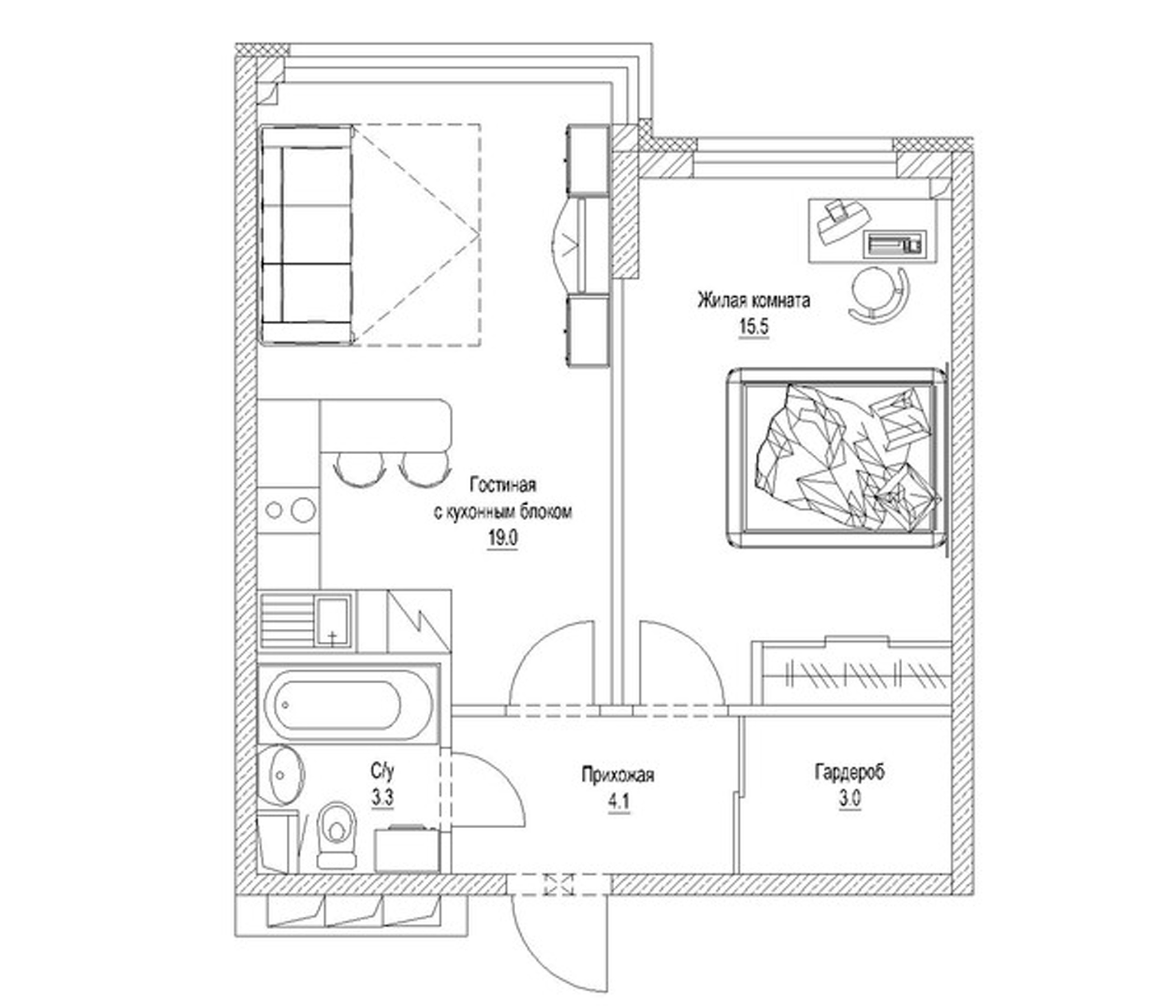 Планировка — Солнечный бульвар. Кемерово, 1-комн., 46 м²