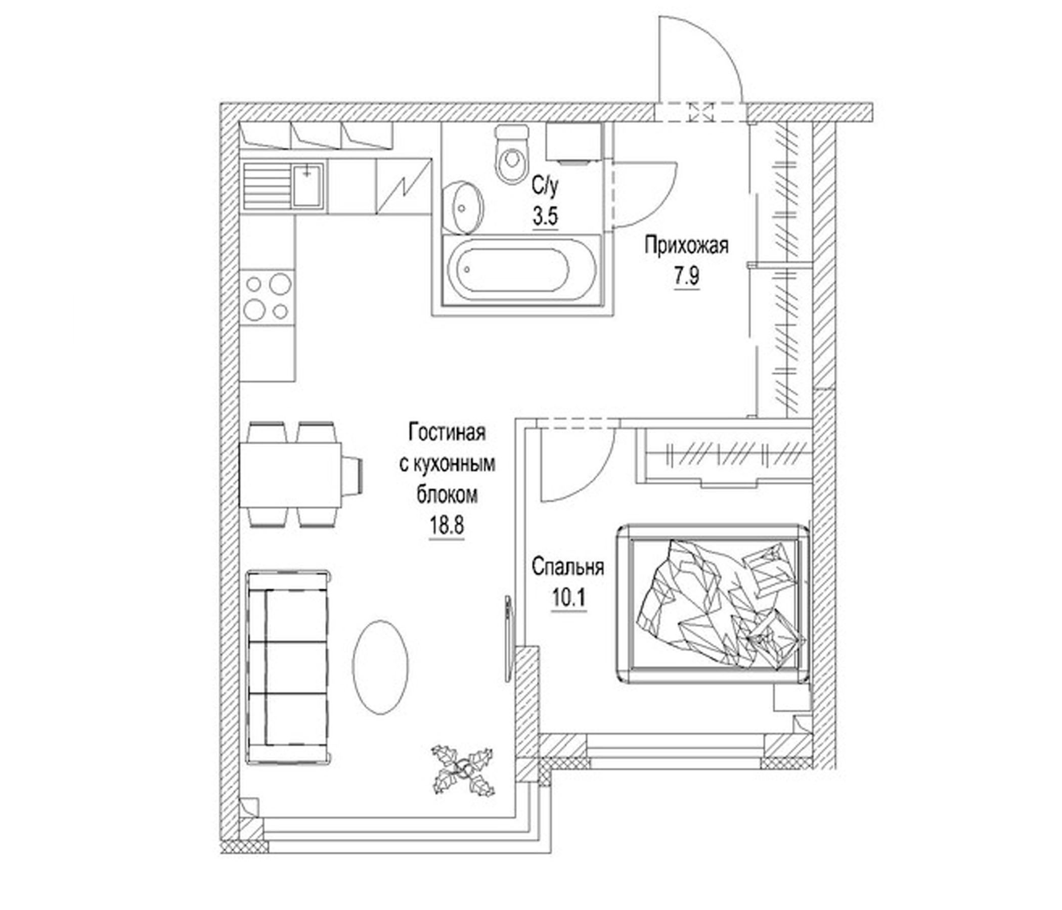 Планировка — Солнечный бульвар. Кемерово, 1-комн., 43 м²