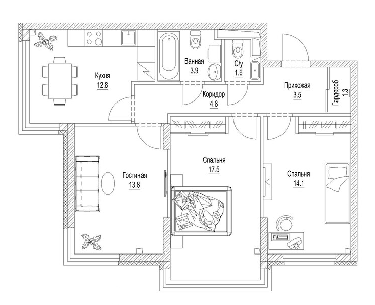 Планировка — Сити-парк. Кемерово, 3-комн., 77 м²