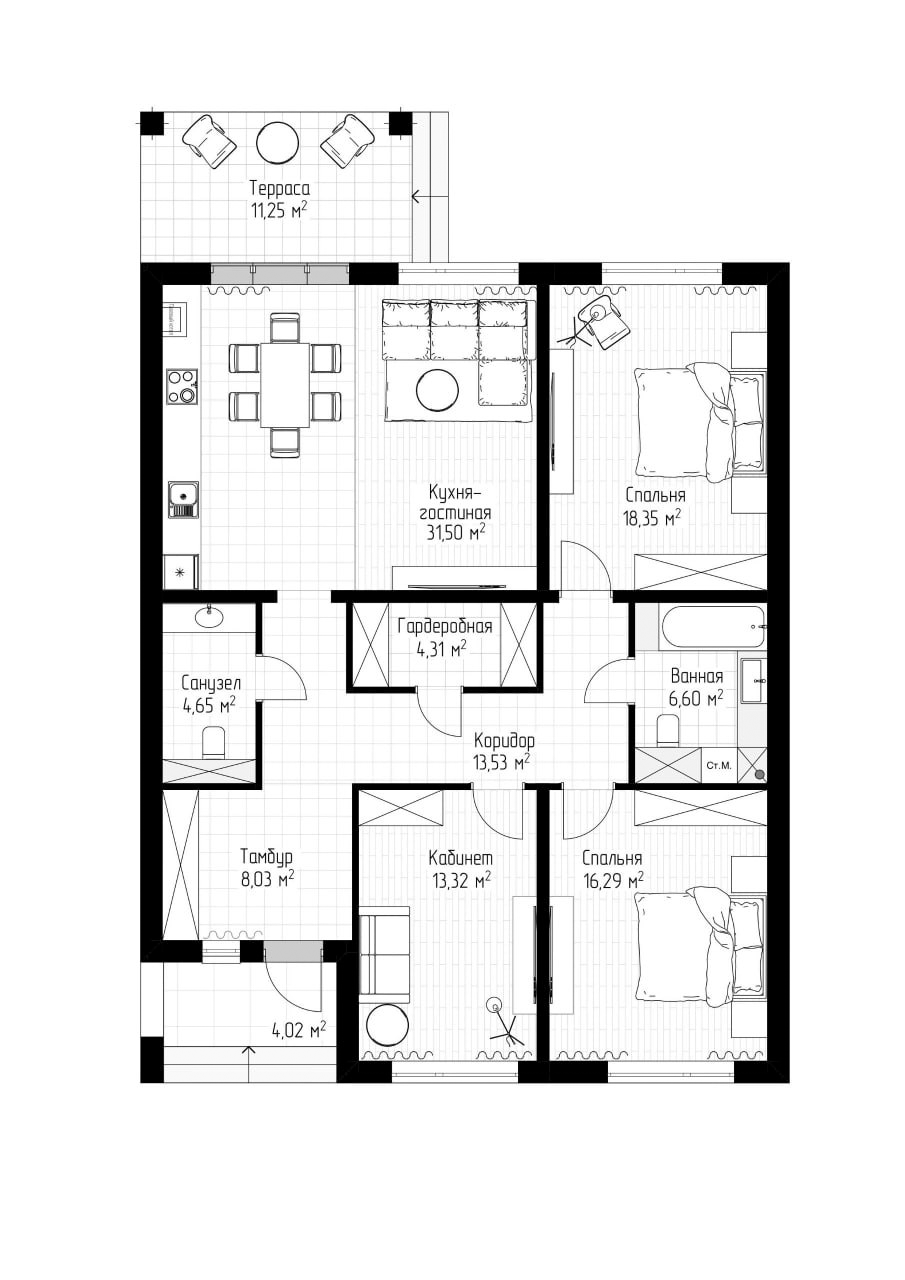 Планировка — Коттеджный поселок Звездный, 3-комн., 116 м²
