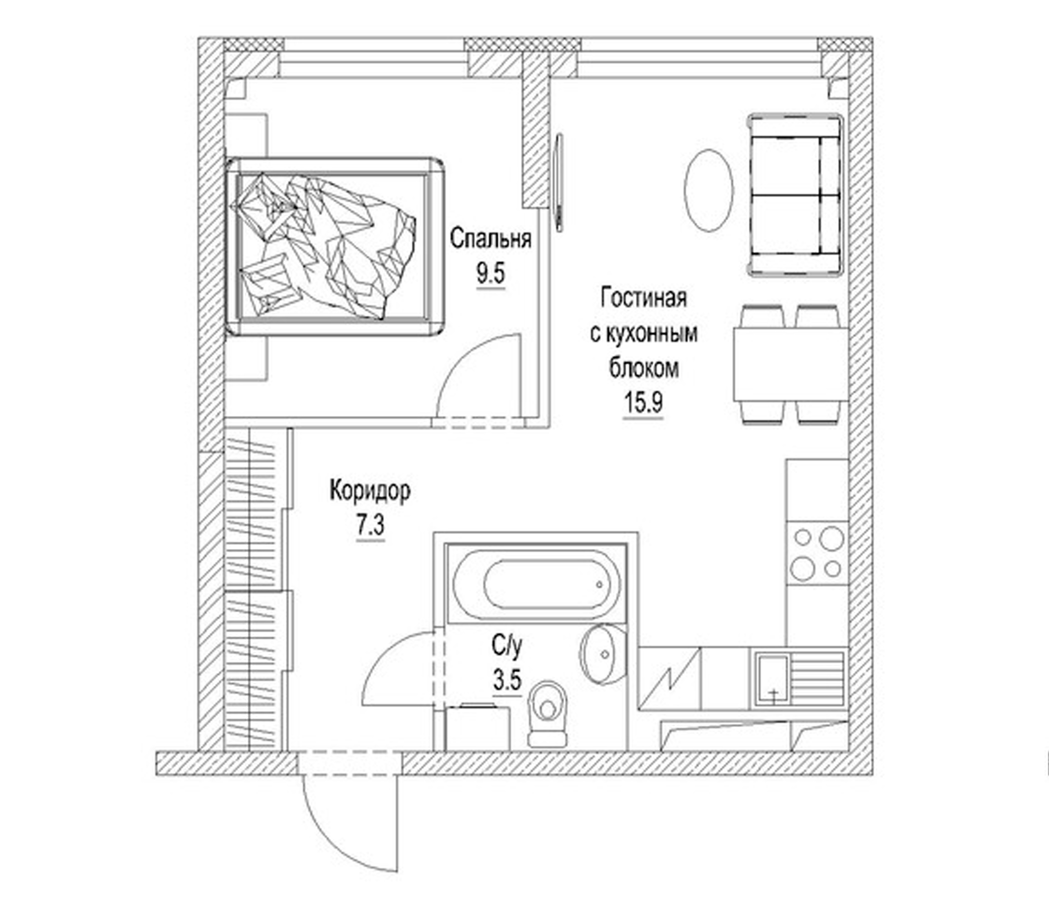 Планировка — Сити-парк. Кемерово, 1-комн., 38 м²