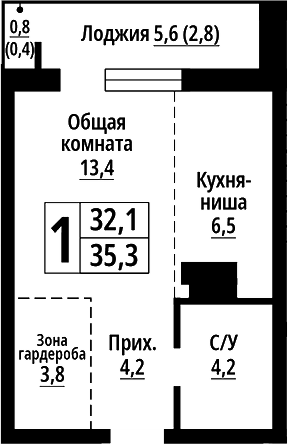 Планировка — Родные берега. Барнаул, Студия, 32 м²
