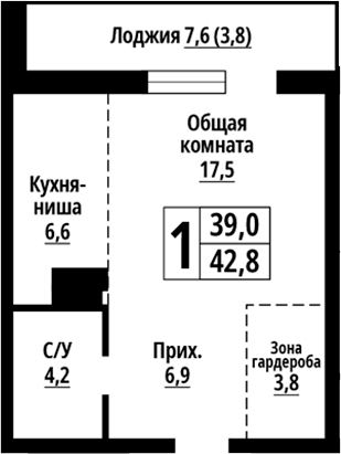 Планировка — Родные берега. Барнаул, Студия, 39 м²