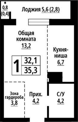 Планировка — Родные берега. Барнаул, Студия, 32 м²