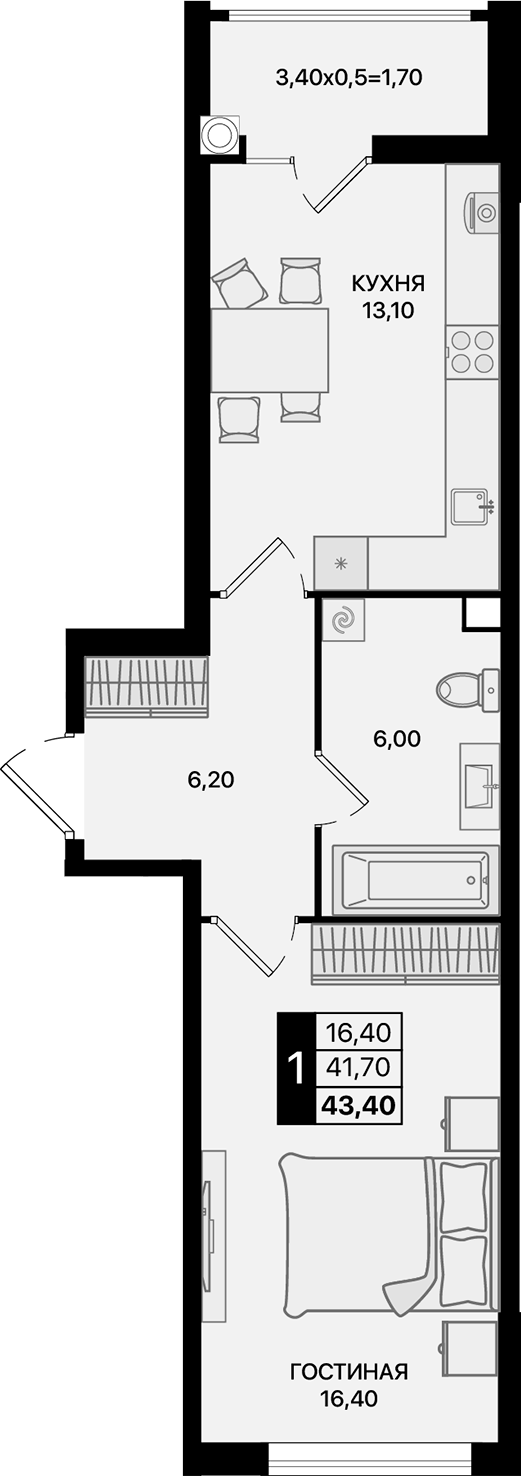 Планировка — Движение 61, 1-комн., 42 м²