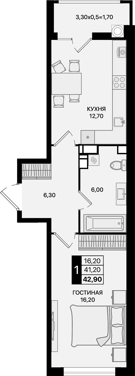 Планировка — Движение 61, 1-комн., 41 м²