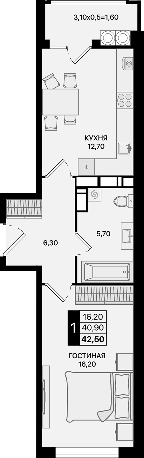 Планировка — Движение 61, 1-комн., 41 м²
