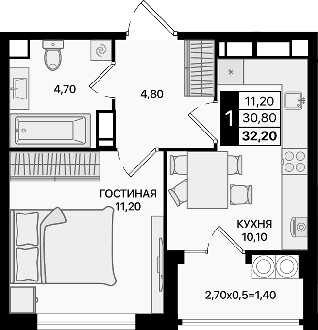 Планировка — Движение 61, 1-комн., 31 м²