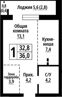Планировка — Родные берега. Барнаул, Студия, 33 м²