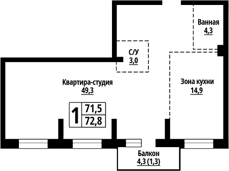 Планировка — Родные берега. Барнаул, 1-комн., 73 м²
