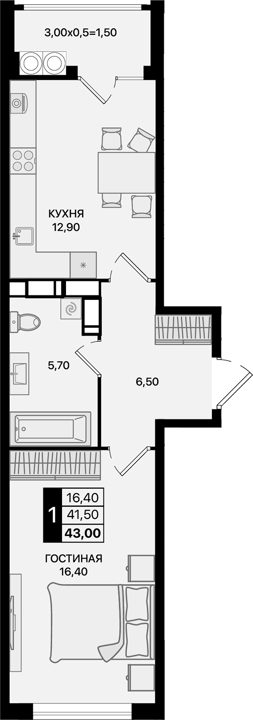 Планировка — Движение 61, 1-комн., 42 м²