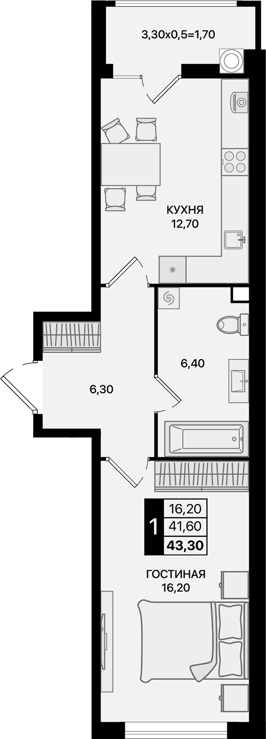 Планировка — Движение 61, 1-комн., 42 м²