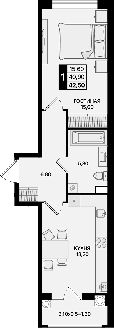 Планировка — Движение 61, 1-комн., 41 м²