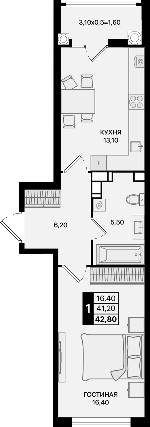 Планировка — Движение 61, 1-комн., 41 м²