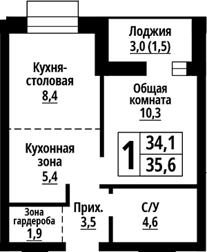Планировка — Родные берега. Барнаул, 1-комн., 34 м²
