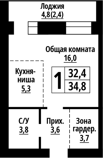 Планировка — Тургенев. Барнаул, Студия, 32 м²