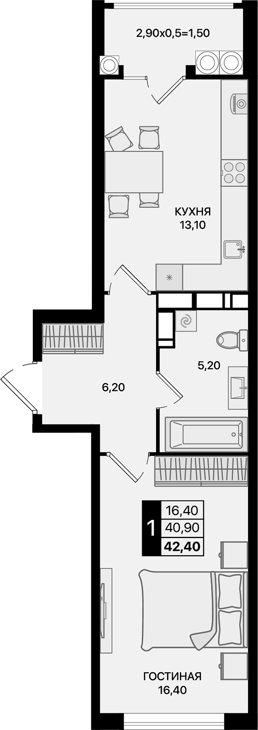 Планировка — Движение 61, 1-комн., 41 м²