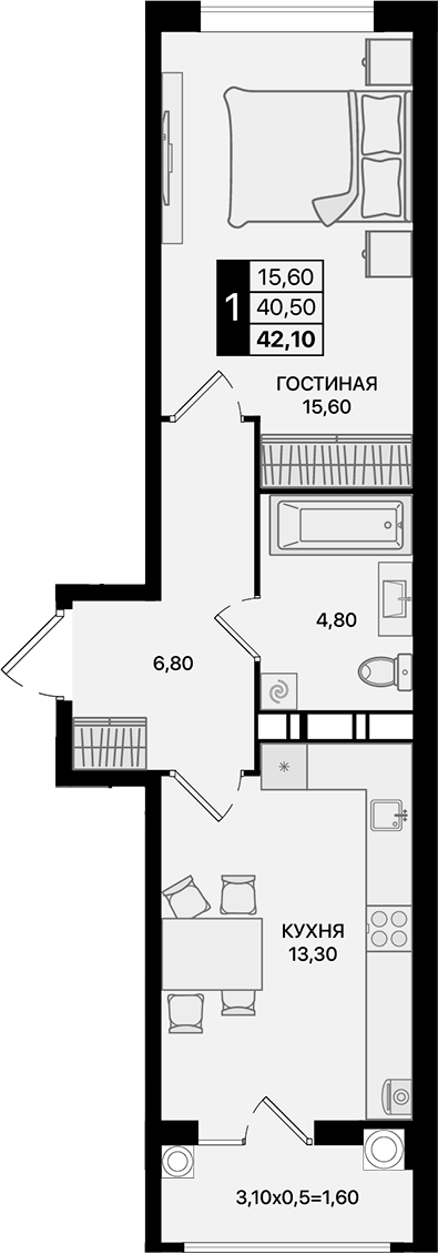 Планировка — Движение 61, 1-комн., 41 м²