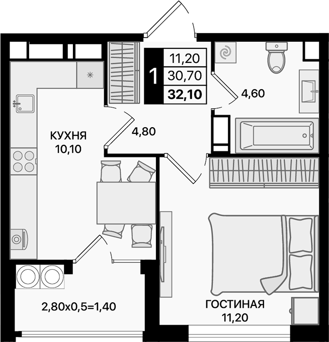 Планировка — Движение 61, 1-комн., 31 м²