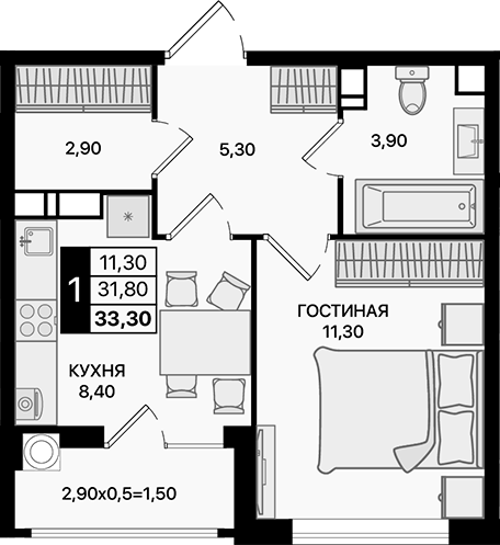 Планировка — Движение 61, 1-комн., 32 м²