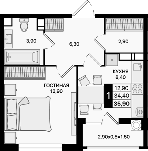 Планировка — Движение 61, 1-комн., 34 м²