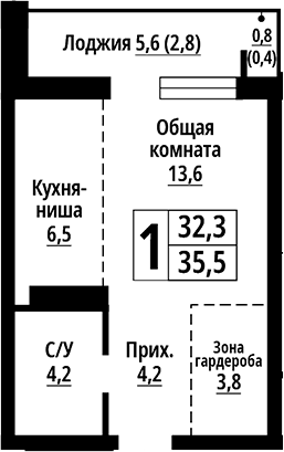 Планировка — Родные берега. Барнаул, Студия, 32 м²