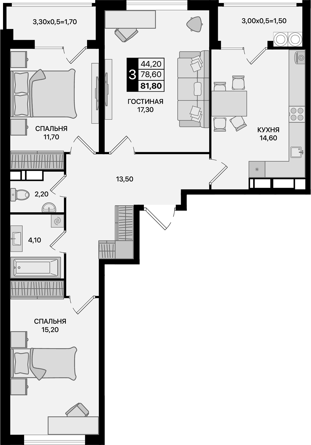 Планировка — Движение 61, 3-комн., 79 м²