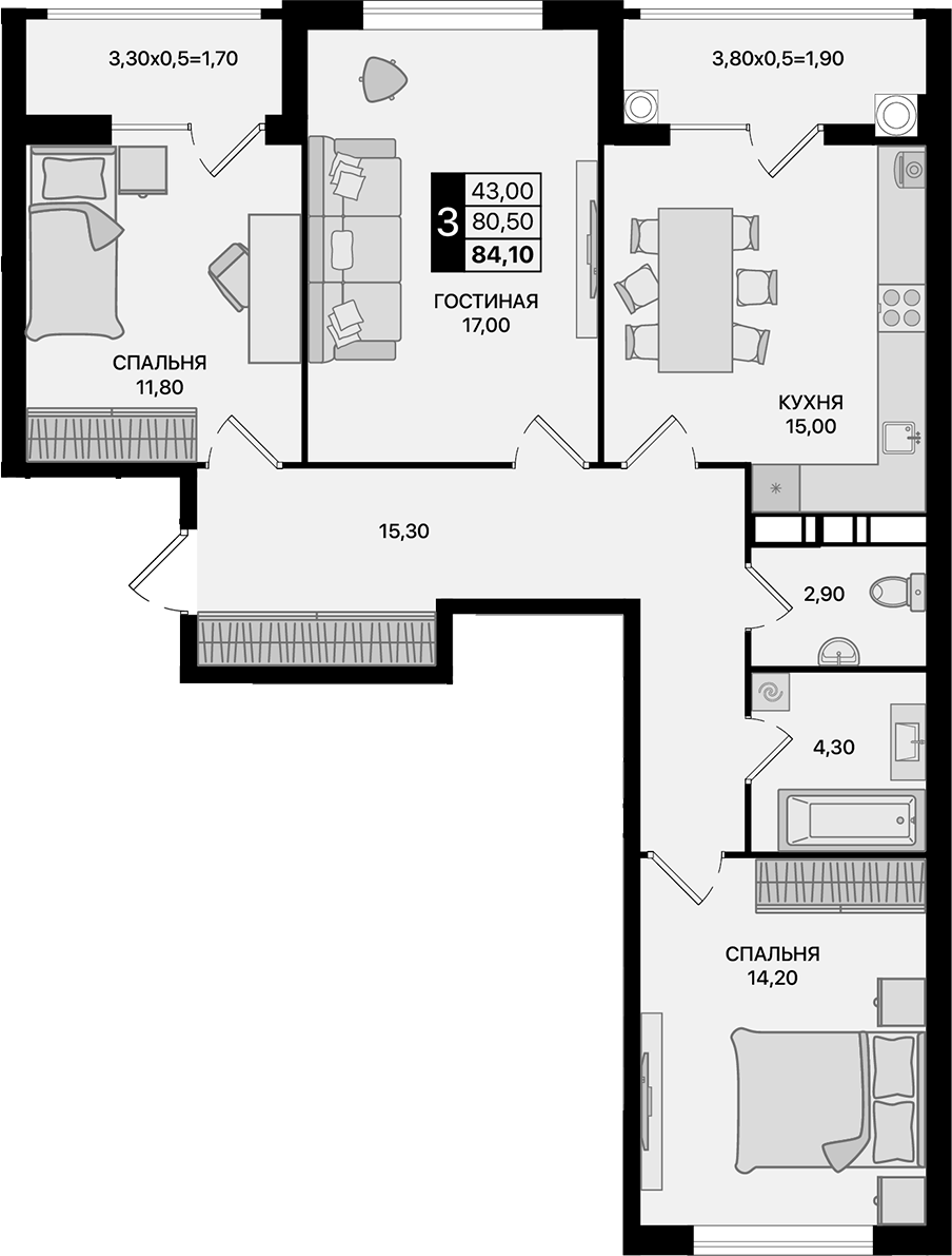 Планировка — Движение 61, 3-комн., 81 м²