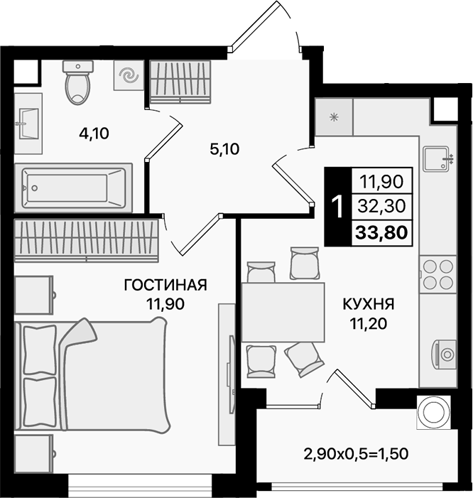 Планировка — Движение 61, 1-комн., 32 м²