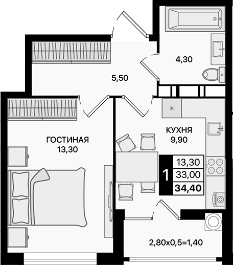 Планировка — Движение 61, 1-комн., 33 м²