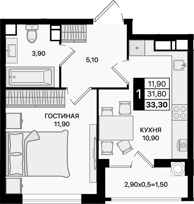 Планировка — Движение 61, 1-комн., 32 м²
