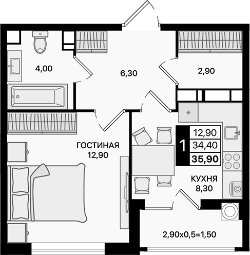 Планировка — Движение 61, 1-комн., 34 м²