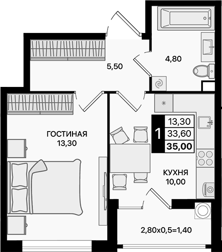Планировка — Движение 61, 1-комн., 34 м²