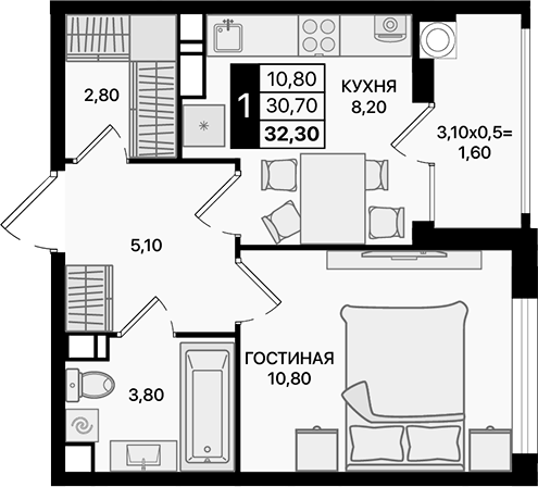 Планировка — Движение 61, 1-комн., 31 м²