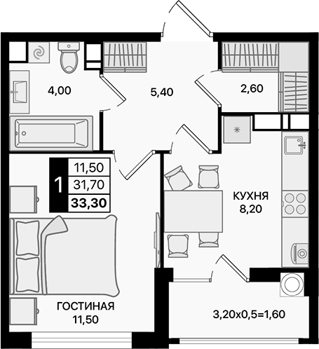 Планировка — Движение 61, 1-комн., 32 м²