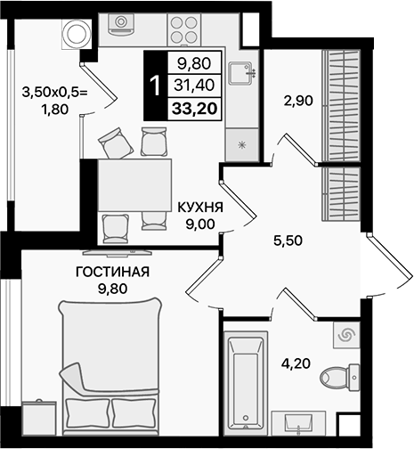 Планировка — Движение 61, 1-комн., 31 м²