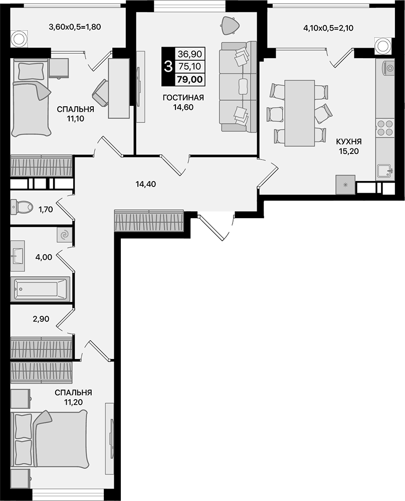Планировка — Движение 61, 3-комн., 75 м²