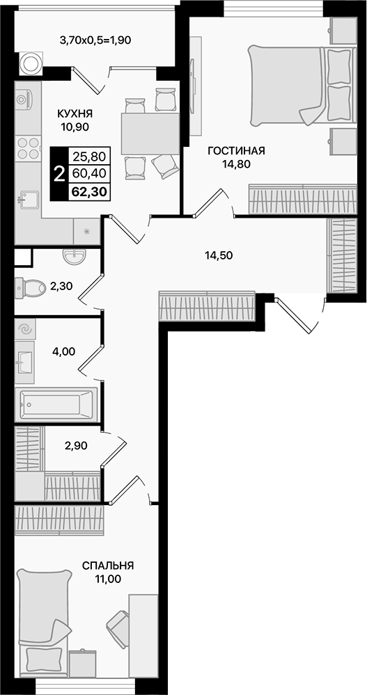 Планировка — Движение 61, 2-комн., 60 м²