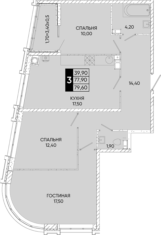 Планировка — Левобережье, 4-комн., 78 м²