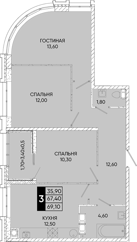 Планировка — Левобережье, 3-комн., 67 м²