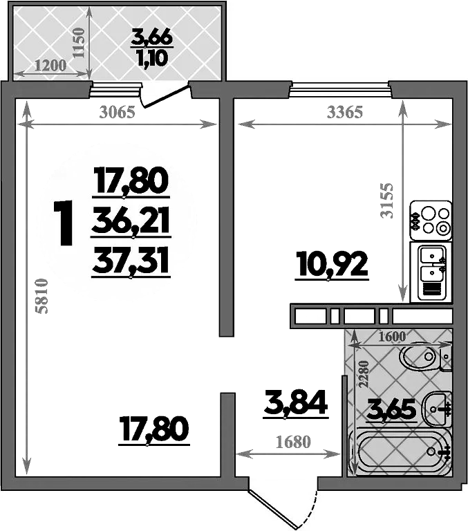 Планировка — Суворовский, 1-комн., 36 м²
