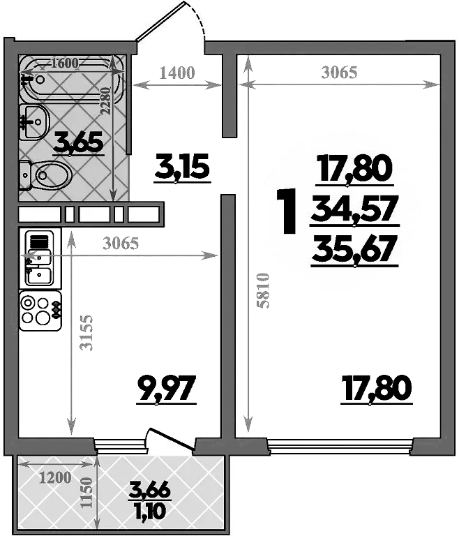 Планировка — Суворовский, 1-комн., 35 м²