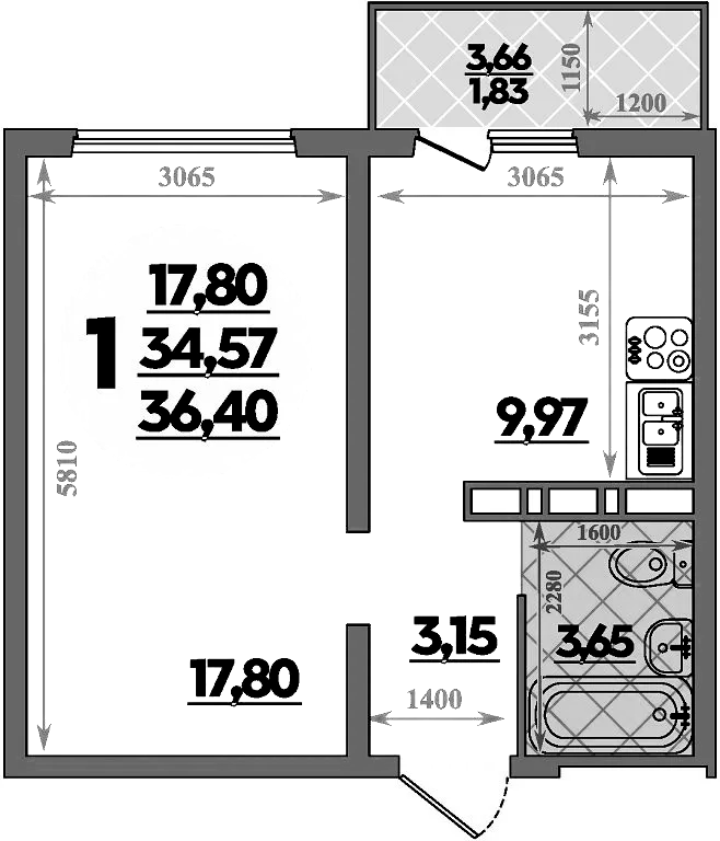 Планировка — Суворовский, 1-комн., 35 м²