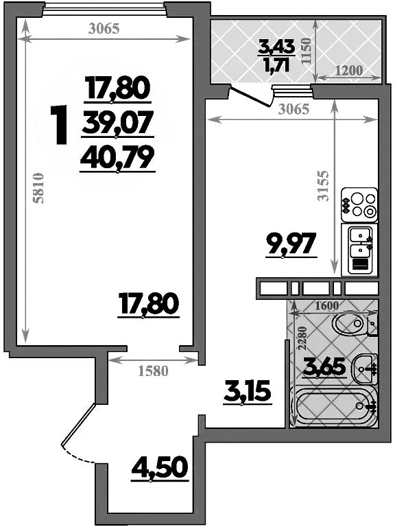 Планировка — Суворовский, 1-комн., 39 м²