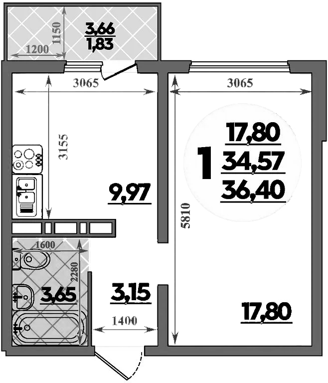 Планировка — Суворовский, 1-комн., 35 м²