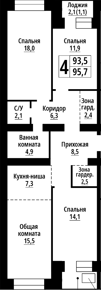 Планировка — Тургенев. Барнаул, 4-комн., 94 м²