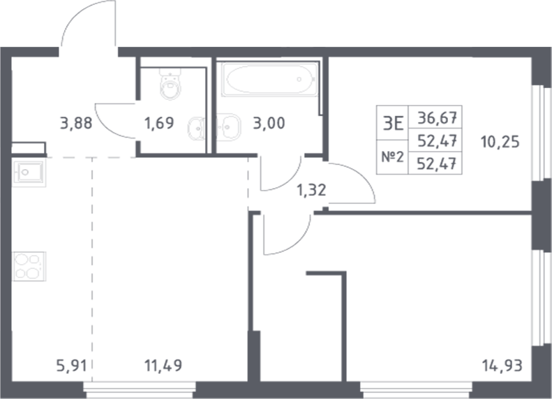 Планировка — Донские Легенды, 3-комн., 52 м²