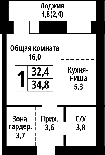 Планировка — Тургенев. Барнаул, Студия, 32 м²
