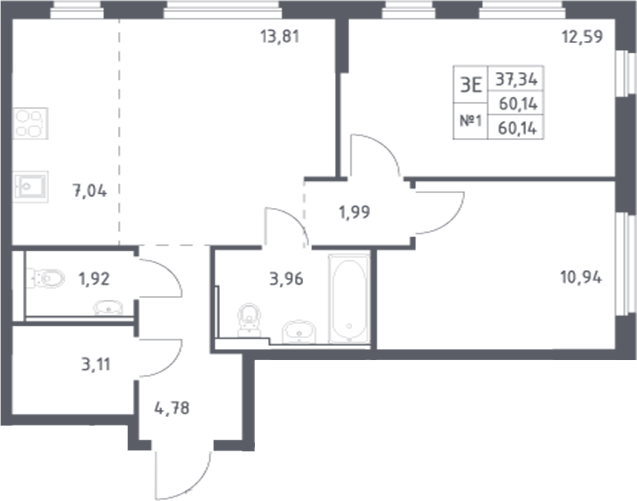 Планировка — Донские Легенды, 3-комн., 60 м²