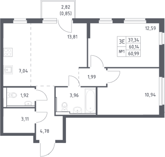Планировка — Донские Легенды, 3-комн., 60 м²